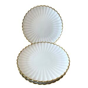 4pc BELLA LUX Glazed Ceramic Salad Plates 8.5" Scalloped White Gold Edge NEW